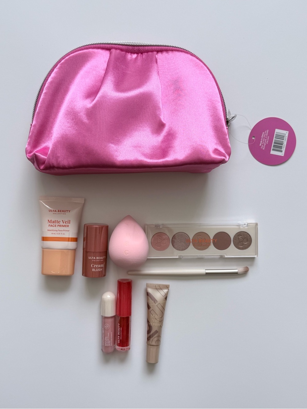 Ulta Beauty Hot Pink Satin Cosmetic Bag with Face & Eye Essentials